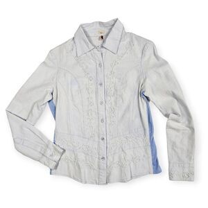 Reba Blue Denim Embroidered Button Down Collar Long Sleeve Top Women's Size S‎